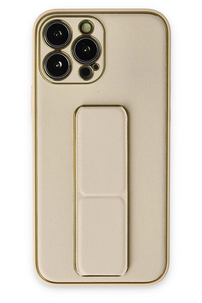 Mey İthalat®  iPhone 13 Pro Kılıf Coco Deri Standlı Kapak - Gold