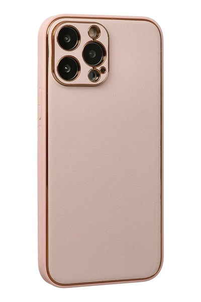 Mey İthalat®  iPhone 13 Pro Kılıf Coco Deri Silikon Kapak - Pudra