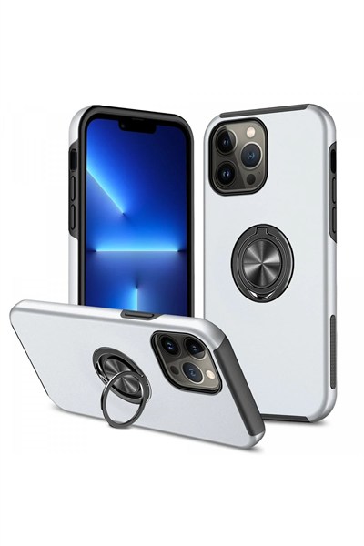Mey İthalat®  iPhone 13 Pro Kılıf Elit Yüzüklü Kapak - Gümüş