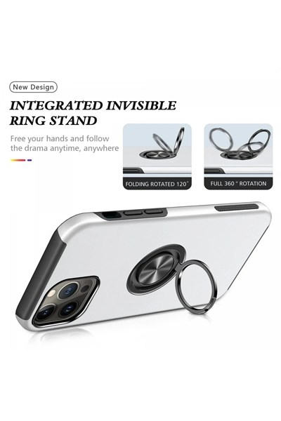 Mey İthalat®  iPhone 13 Pro Kılıf Elit Yüzüklü Kapak - Gümüş