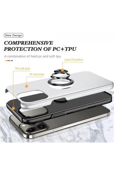 Mey İthalat®  iPhone 13 Pro Kılıf Elit Yüzüklü Kapak - Gümüş