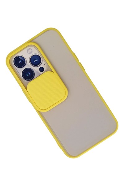 Mey İthalat®  iPhone 13 Pro Kılıf Palm Buzlu Kamera Sürgülü Silikon - Sarı