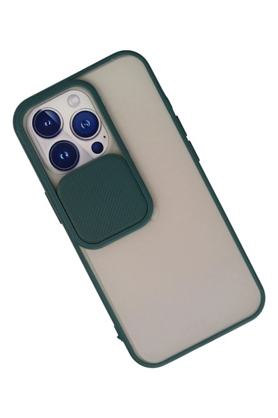 Mey İthalat®  iPhone 13 Pro Kılıf Palm Buzlu Kamera Sürgülü Silikon - Yeşil