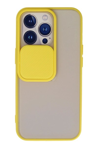 Mey İthalat®  iPhone 13 Pro Kılıf Palm Buzlu Kamera Sürgülü Silikon - Sarı