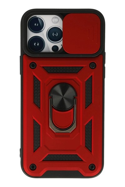 Mey İthalat®  iPhone 13 Pro Kılıf Pars Lens Yüzüklü Silikon - Kırmızı