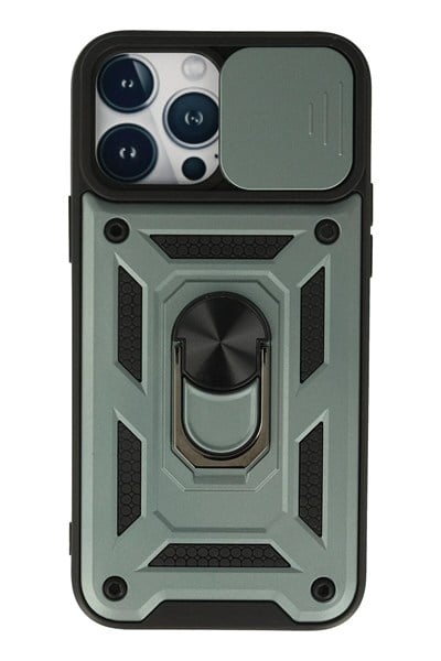 Mey İthalat®  iPhone 13 Pro Kılıf Pars Lens Yüzüklü Silikon - Yeşil