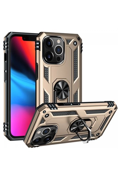 Mey İthalat®  iPhone 13 Pro Kılıf Sofya Yüzüklü Silikon Kapak - Gold