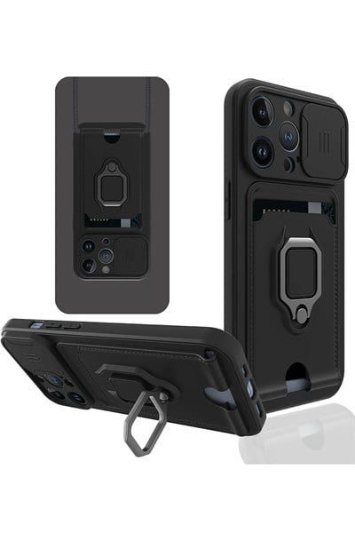Mey İthalat®  iPhone 13 Pro Kılıf Zuma Kartvizitli Yüzüklü Silikon - Siyah