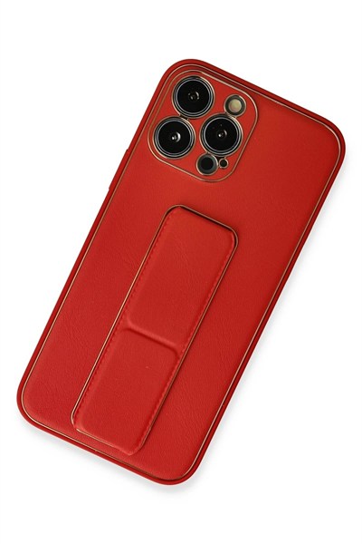 Mey İthalat®  iPhone 13 Pro Max Kılıf Coco Deri Standlı Kapak - Kırmızı