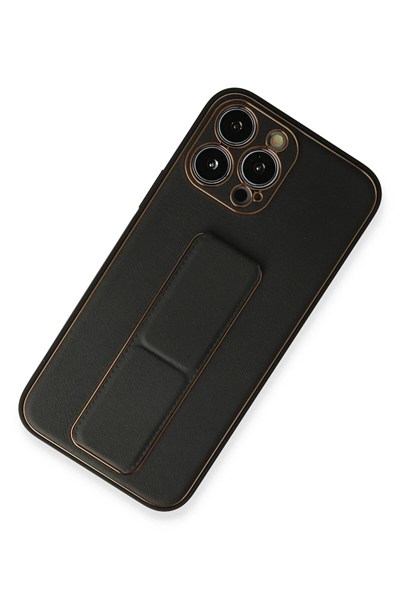 Mey İthalat®  iPhone 13 Pro Max Kılıf Coco Deri Standlı Kapak - Siyah