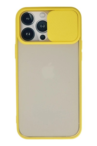 Mey İthalat®  iPhone 13 Pro Max Kılıf Palm Buzlu Kamera Sürgülü Silikon - Sarı