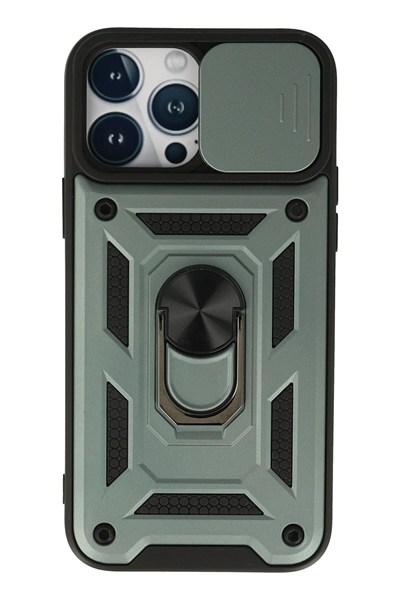 Mey İthalat®  iPhone 13 Pro Max Kılıf Pars Lens Yüzüklü Silikon - Yeşil