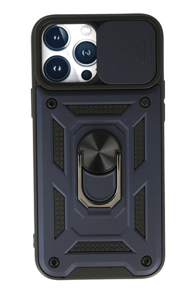 Mey İthalat®  iPhone 13 Pro Max Kılıf Pars Lens Yüzüklü Silikon - Lacivert