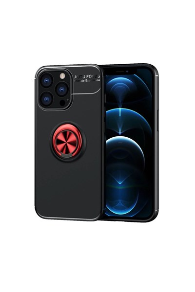 Mey İthalat®  iPhone 13 Pro Max Kılıf Range Yüzüklü Silikon - Siyah-Kırmızı