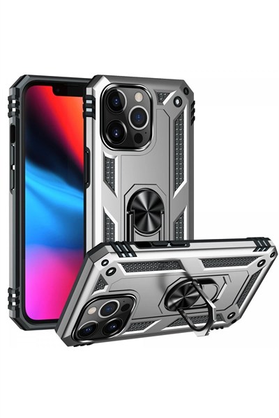 Mey İthalat®  iPhone 13 Pro Max Kılıf Sofya Yüzüklü Silikon Kapak - Gümüş