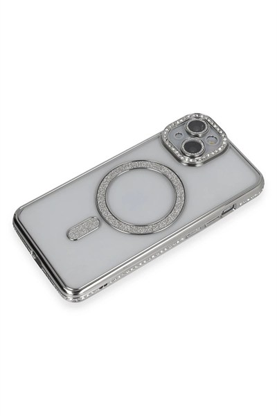 Mey İthalat®  iPhone 14 Kılıf Joke Simli Magneticsafe Kılıf - Gümüş