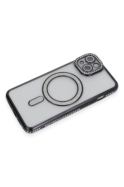 Mey İthalat®  iPhone 14 Kılıf Joke Simli Magneticsafe Kılıf - Siyah