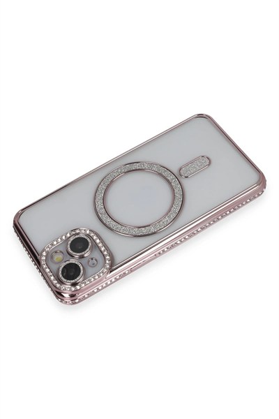 Mey İthalat®  iPhone 14 Kılıf Joke Simli Magneticsafe Kılıf - Pembe