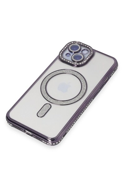 Mey İthalat®  iPhone 14 Kılıf Joke Simli Magneticsafe Kılıf - Derin Mor