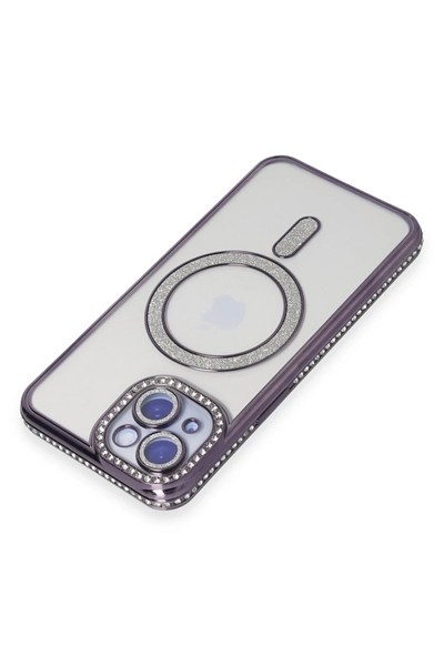 Mey İthalat®  iPhone 14 Kılıf Joke Simli Magneticsafe Kılıf - Derin Mor