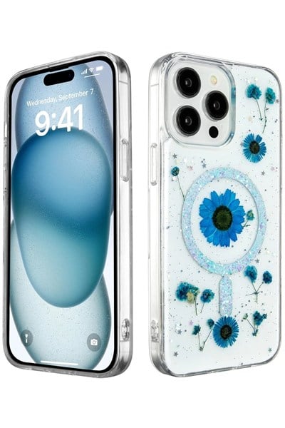 Mey İthalat®  iPhone 14 Pro Kılıf Daisy Simli Magsafe Kapak - Mavi