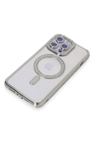 Mey İthalat®  iPhone 14 Pro Kılıf Joke Simli Magneticsafe Kılıf - Gümüş