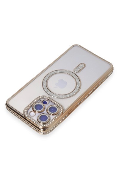 Mey İthalat®  iPhone 14 Pro Kılıf Joke Simli Magneticsafe Kılıf - Gold