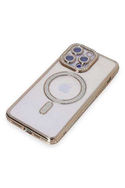 Mey İthalat®  iPhone 14 Pro Kılıf Joke Simli Magneticsafe Kılıf - Gold