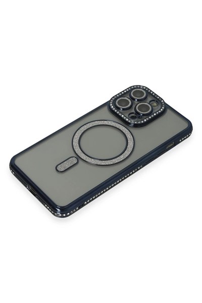 Mey İthalat®  iPhone 14 Pro Kılıf Joke Simli Magneticsafe Kılıf - Lacivert