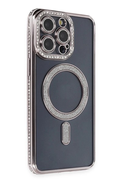 Mey İthalat®  iPhone 14 Pro Kılıf Joke Simli Magneticsafe Kılıf - Gri