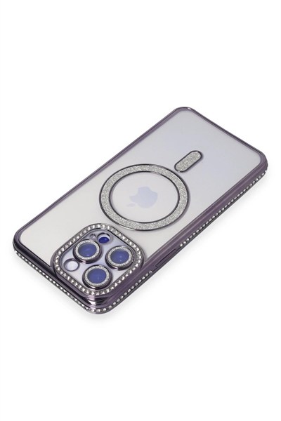 Mey İthalat®  iPhone 14 Pro Kılıf Joke Simli Magneticsafe Kılıf - Derin Mor