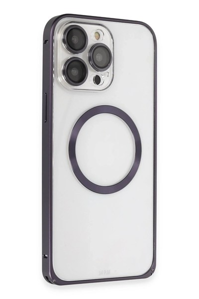 Mey İthalat®  iPhone 14 Pro Kılıf Metal Bumper Magneticsafe Kapak - Derin Mor