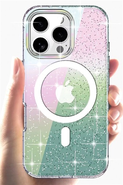Mey İthalat®  iPhone 14 Pro Max Rasasi Simli Magsafe Kapak - Şeffaf