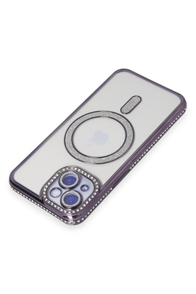 Mey İthalat®  iPhone 15 Kılıf Joke Simli Magneticsafe Kılıf - Derin Mor