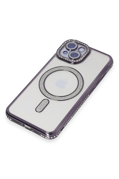 Mey İthalat®  iPhone 15 Kılıf Joke Simli Magneticsafe Kılıf - Derin Mor