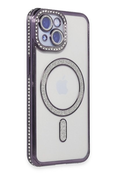 Mey İthalat®  iPhone 15 Kılıf Joke Simli Magneticsafe Kılıf - Derin Mor