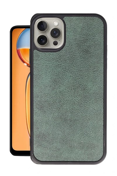 Mey İthalat®  iPhone 15 Pro Kılıf Aras Deri Kapak - Koyu Yeşil