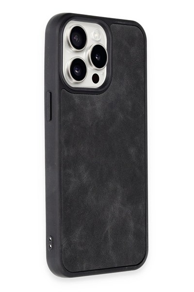 Mey İthalat®  iPhone 15 Pro Kılıf Aras Deri Kapak - Siyah