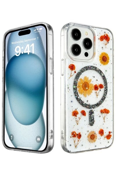 Mey İthalat®  iPhone 15 Pro Kılıf Daisy Simli Magsafe Kapak - Siyah