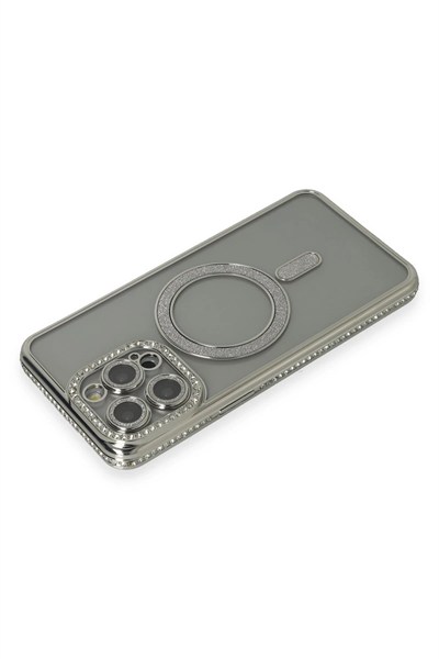 Mey İthalat®  iPhone 15 Pro Kılıf Joke Simli Magneticsafe Kılıf - Gri