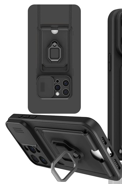 Mey İthalat®  iPhone 15 Pro Kılıf Zuma Kartvizitli Yüzüklü Silikon - Siyah