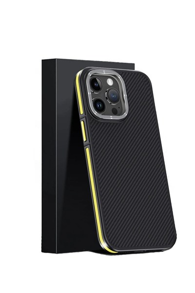 Mey İthalat®  iPhone 15 Pro Max Kılıf Aramid 600D Kevlar Karbon Fiber Magsafe Kapak - Sarı
