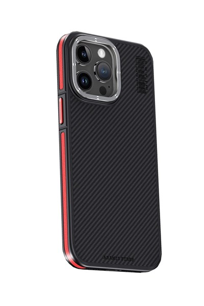 Mey İthalat®  iPhone 15 Pro Max Kılıf Aramid 600D Kevlar Karbon Fiber Magsafe Kapak - Kırmızı