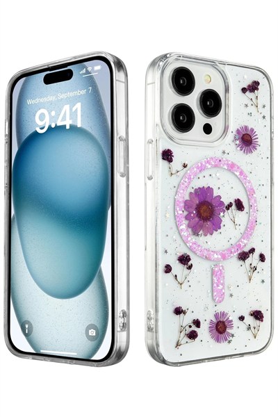 Mey İthalat®  iPhone 15 Pro Max Kılıf Daisy Simli Magsafe Kapak - Mor