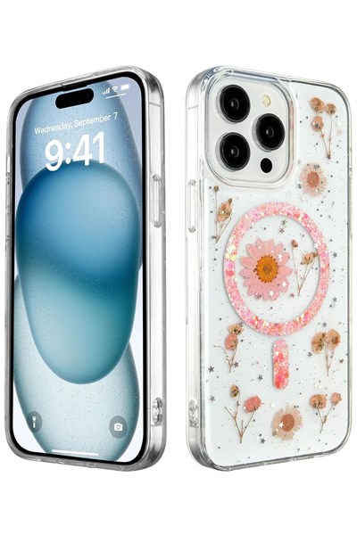 Mey İthalat®  iPhone 15 Pro Max Kılıf Daisy Simli Magsafe Kapak - Pembe