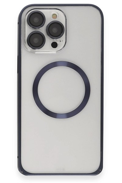 Mey İthalat®  iPhone 15 Pro Max Kılıf Metal Bumper Magneticsafe Kapak - Lacivert