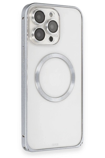 Mey İthalat®  iPhone 15 Pro Max Kılıf Metal Bumper Magneticsafe Kapak - Gri