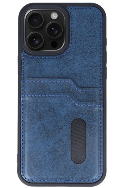 Mey İthalat®  iPhone 15 Pro Max Kılıf Sara Kartvizitli Deri Kılıf - Lacivert