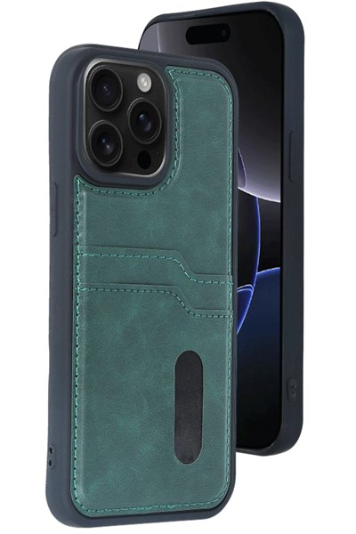 Mey İthalat®  iPhone 15 Pro Max Kılıf Sara Kartvizitli Deri Kılıf - Koyu Yeşil