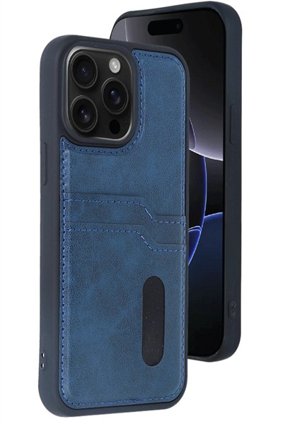 Mey İthalat®  iPhone 15 Pro Max Kılıf Sara Kartvizitli Deri Kılıf - Lacivert